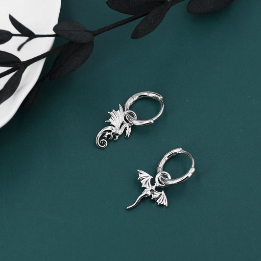 Mismatched Dragon Huggie Hoop in Sterling Silver, Silver or Gold or Rose Gold, Asymmetric, Detachable and Interchangeable