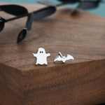 Mismatched Ghost and Bat Stud Earrings in Sterling Silver, Tiny Asymmetric Bat and Ghost Earrings