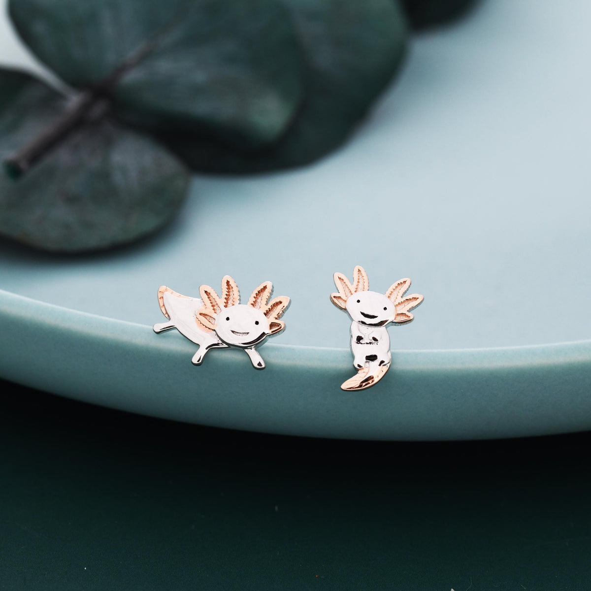 Mismatched Cute Axolotl Stud Earrings in Sterling Silver - Asymmetric Sea Creature Stud Earrings - Tiny Earrings - Pet Lover