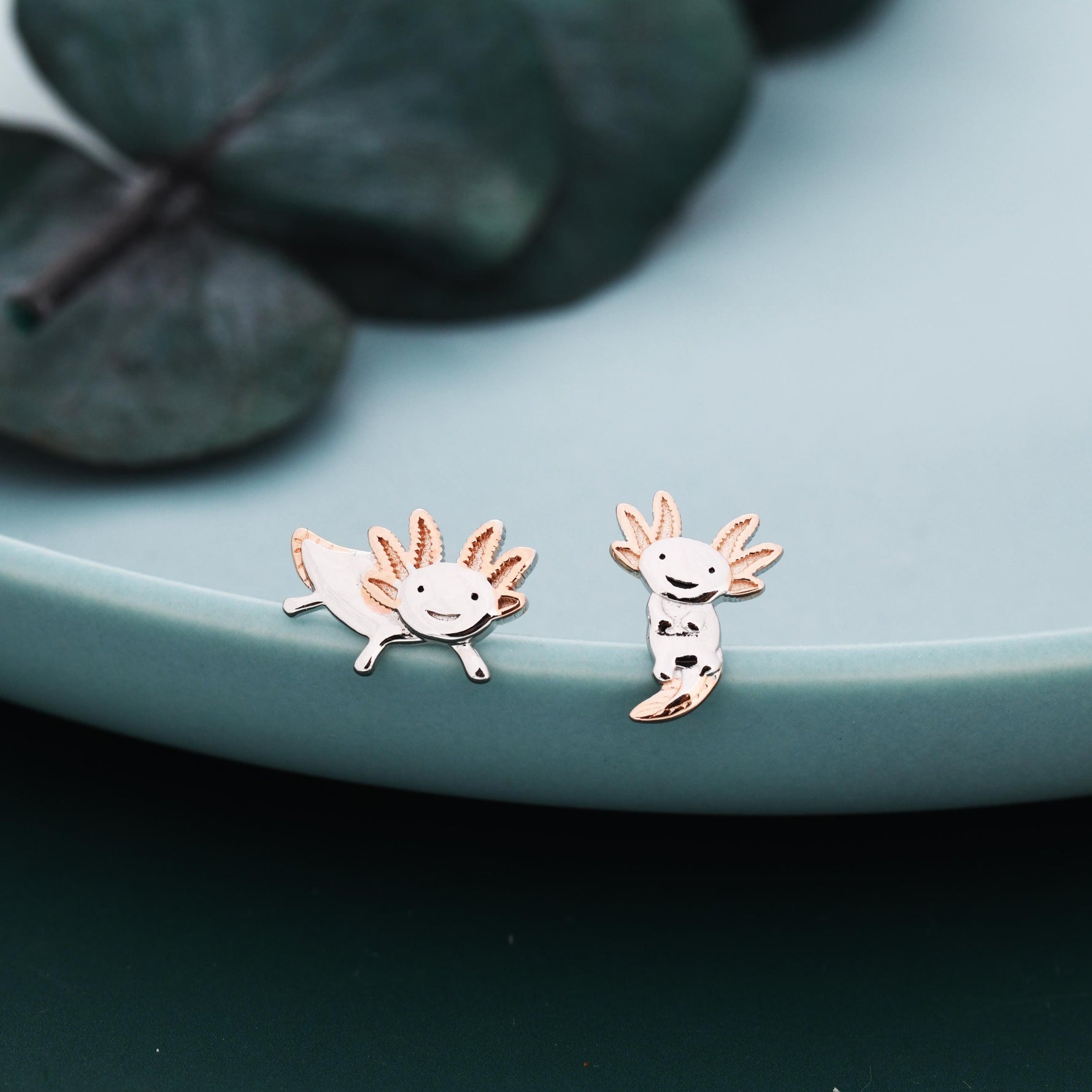 Mismatched Cute Axolotl Stud Earrings in Sterling Silver - Asymmetric Sea Creature Stud Earrings - Tiny Earrings - Pet Lover