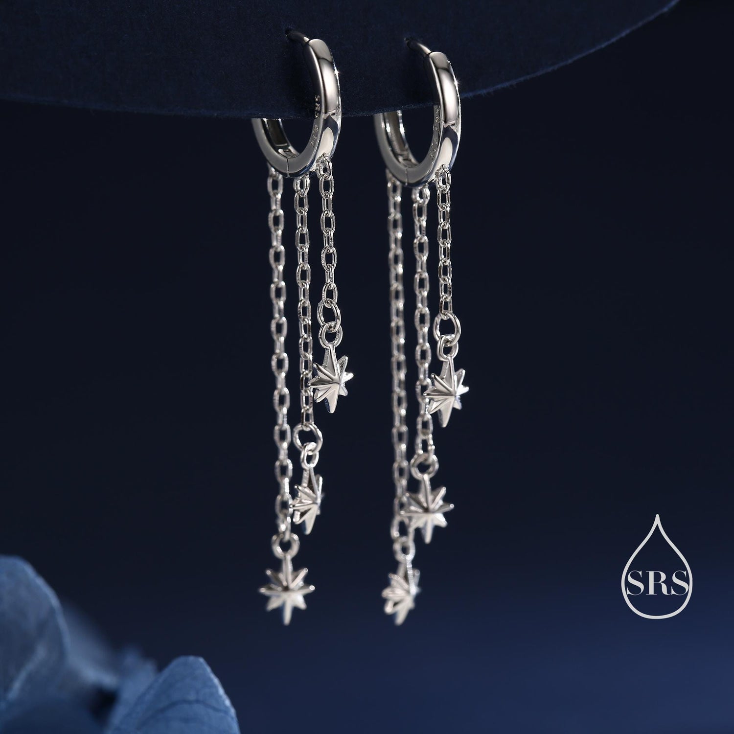 Delicate Starburst Cascade Dangle Huggie Hoop Earrings in Sterling Silver, Triple Star Drop Dangle Earrings in Silver or Gold or Rose Gold