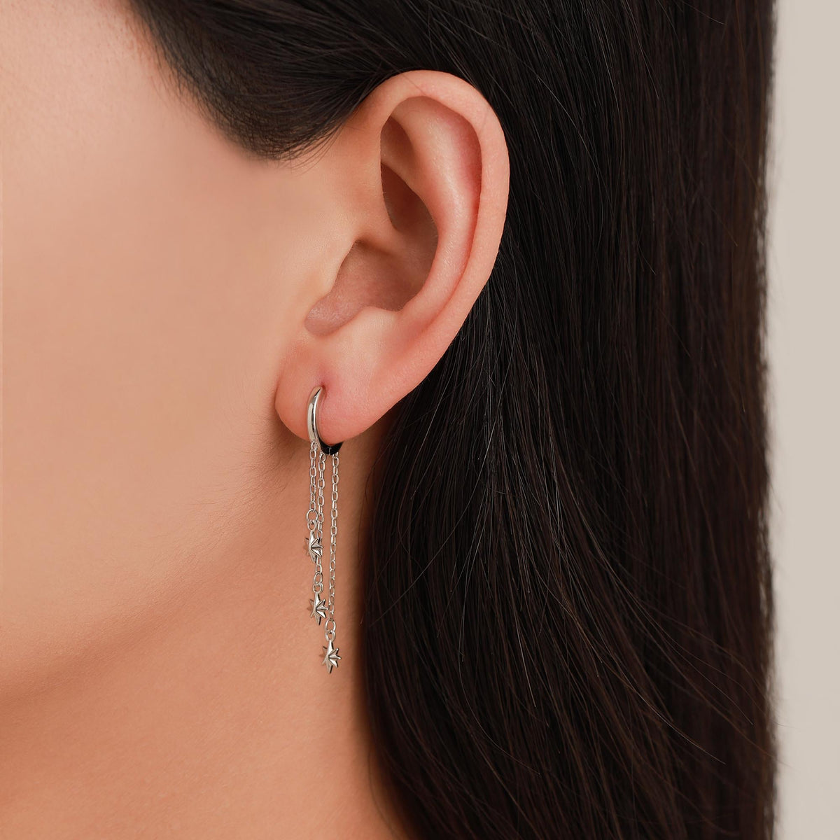 Delicate Starburst Cascade Dangle Huggie Hoop Earrings in Sterling Silver, Triple Star Drop Dangle Earrings in Silver or Gold or Rose Gold