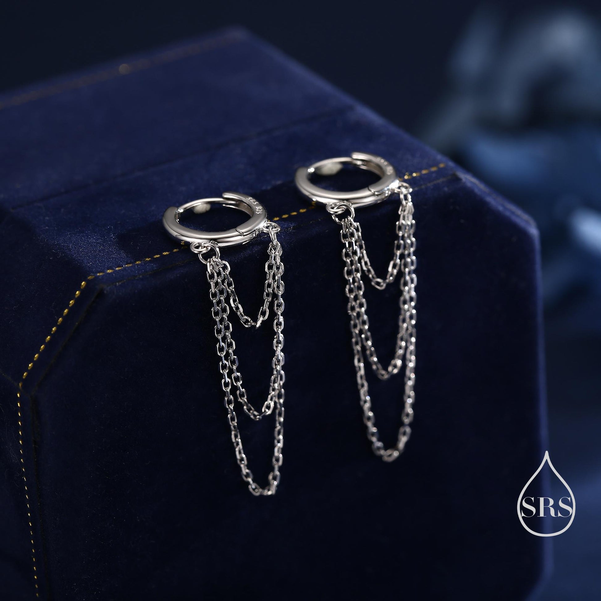 Triple Chained Hoop Earrings in Sterling Silver, Silver or Gold or Rose Gold, Huggie Hoops with Three Chains