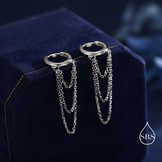 Triple Chained Hoop Earrings in Sterling Silver, Silver or Gold or Rose Gold, Huggie Hoops with Three Chains