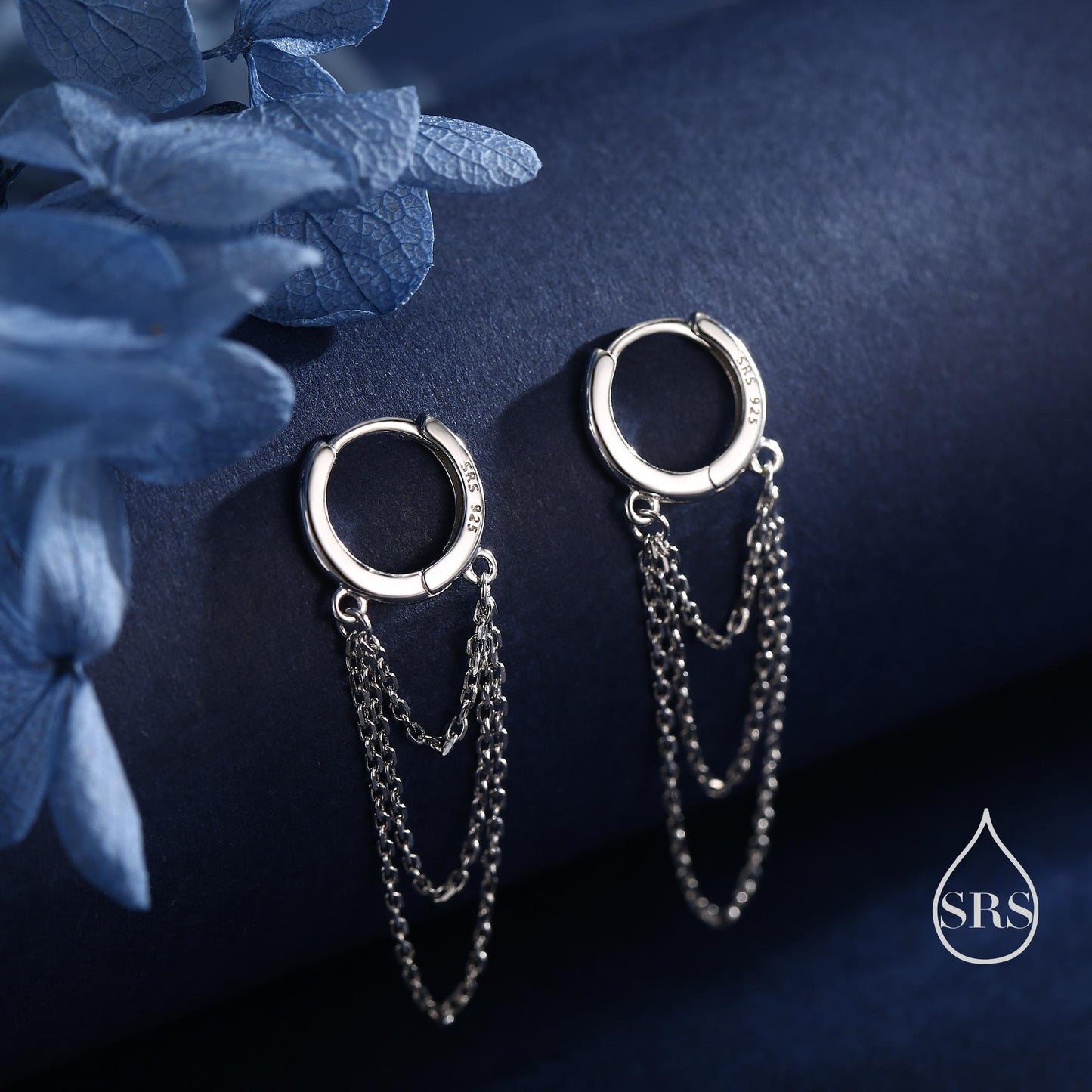 Triple Chained Hoop Earrings in Sterling Silver, Silver or Gold or Rose Gold, Huggie Hoops with Three Chains