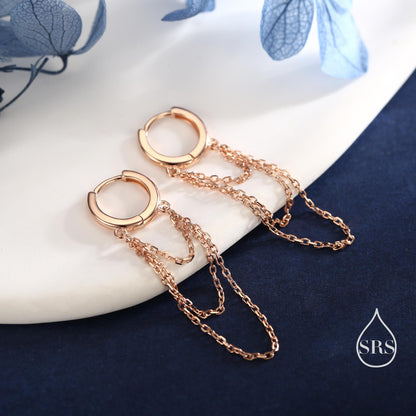 Triple Chained Hoop Earrings in Sterling Silver, Silver or Gold or Rose Gold, Huggie Hoops with Three Chains