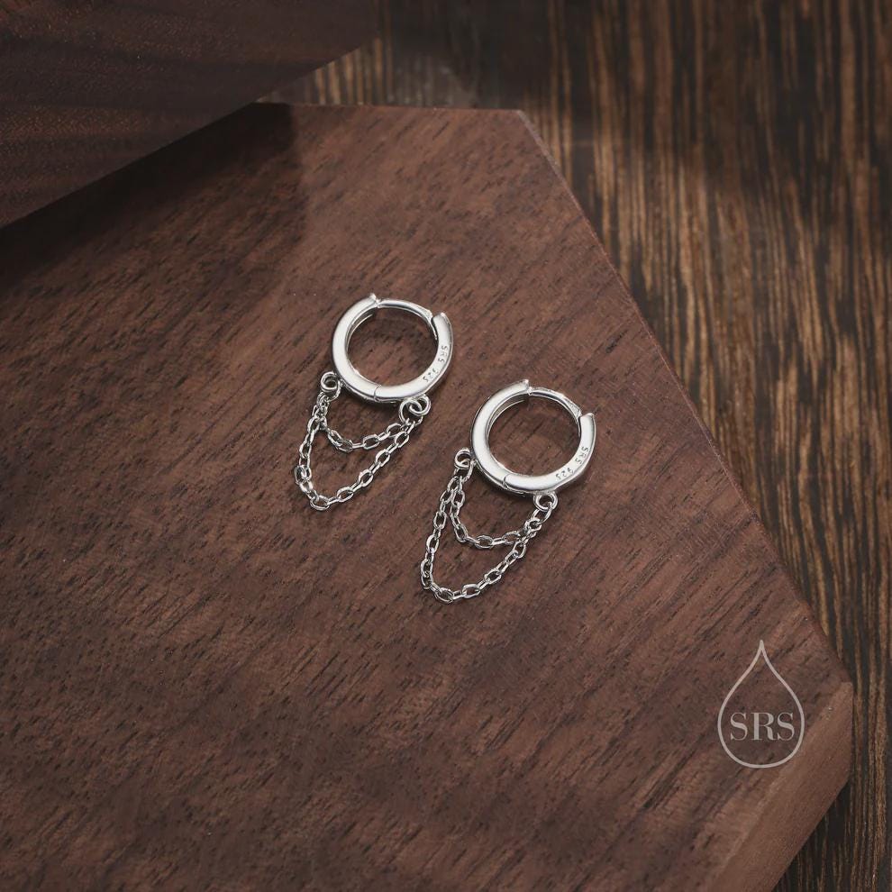 Double Chained Hoop Earrings in Sterling Silver – Silver, Gold or Rose Gold Huggie Hoops with Two Chains