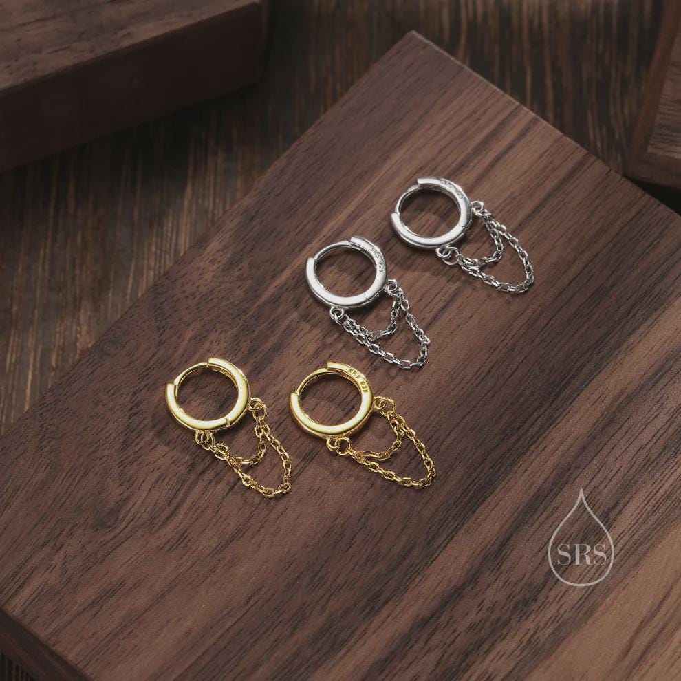 Double Chained Hoop Earrings in Sterling Silver – Silver, Gold or Rose Gold Huggie Hoops with Two Chains