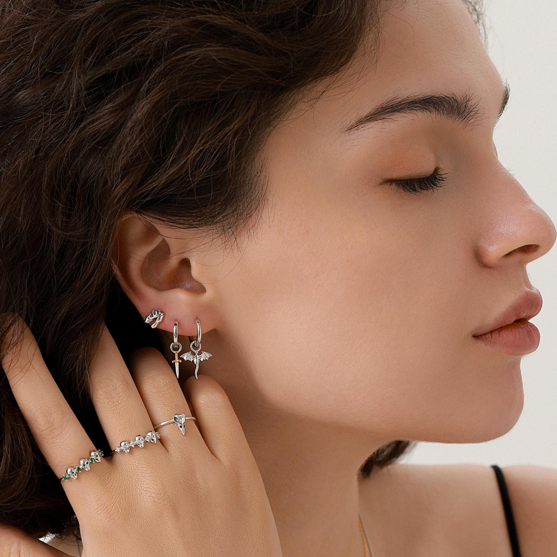 Tiny Dragon Huggie Hoop in Sterling Silver, Silver or Gold or Rose Gold, Dagon Dangle Hoop Earrings, Detachable and Interchangeable