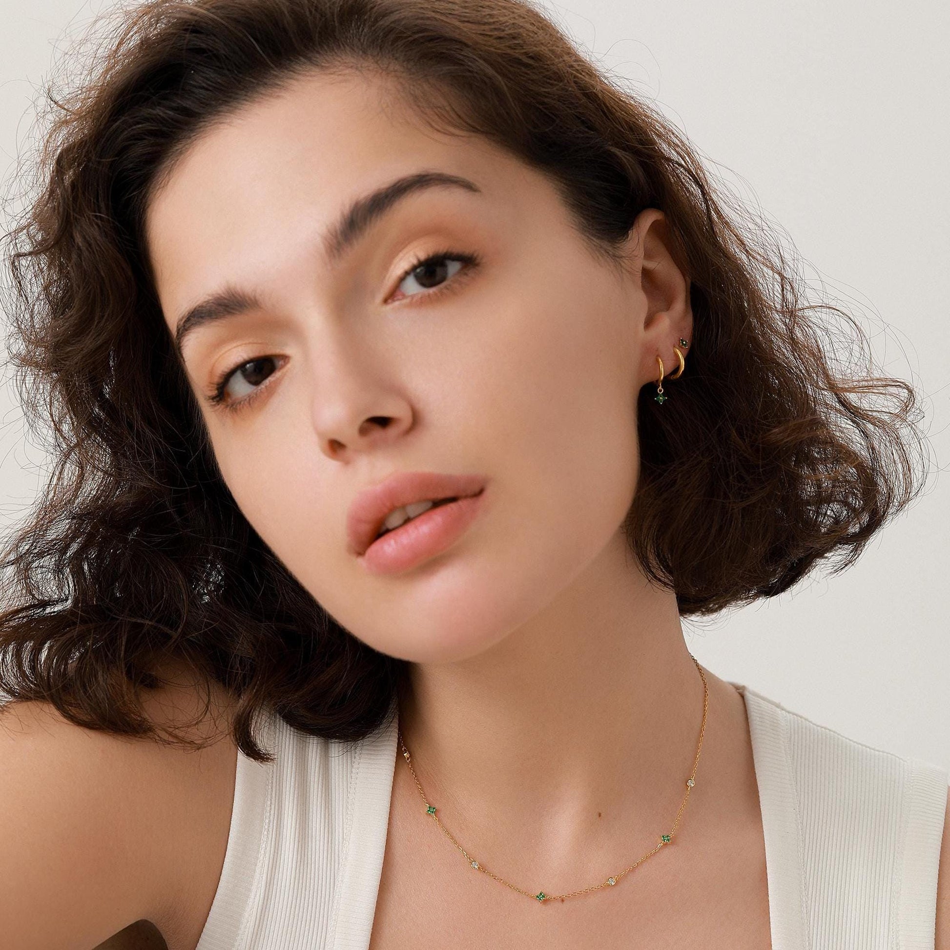 Hydrangea Flower Motif CZ Necklace in Sterling Silver, Silver or Gold, Emerald Green or Clear Three CZ Satellite Crystal Necklace,