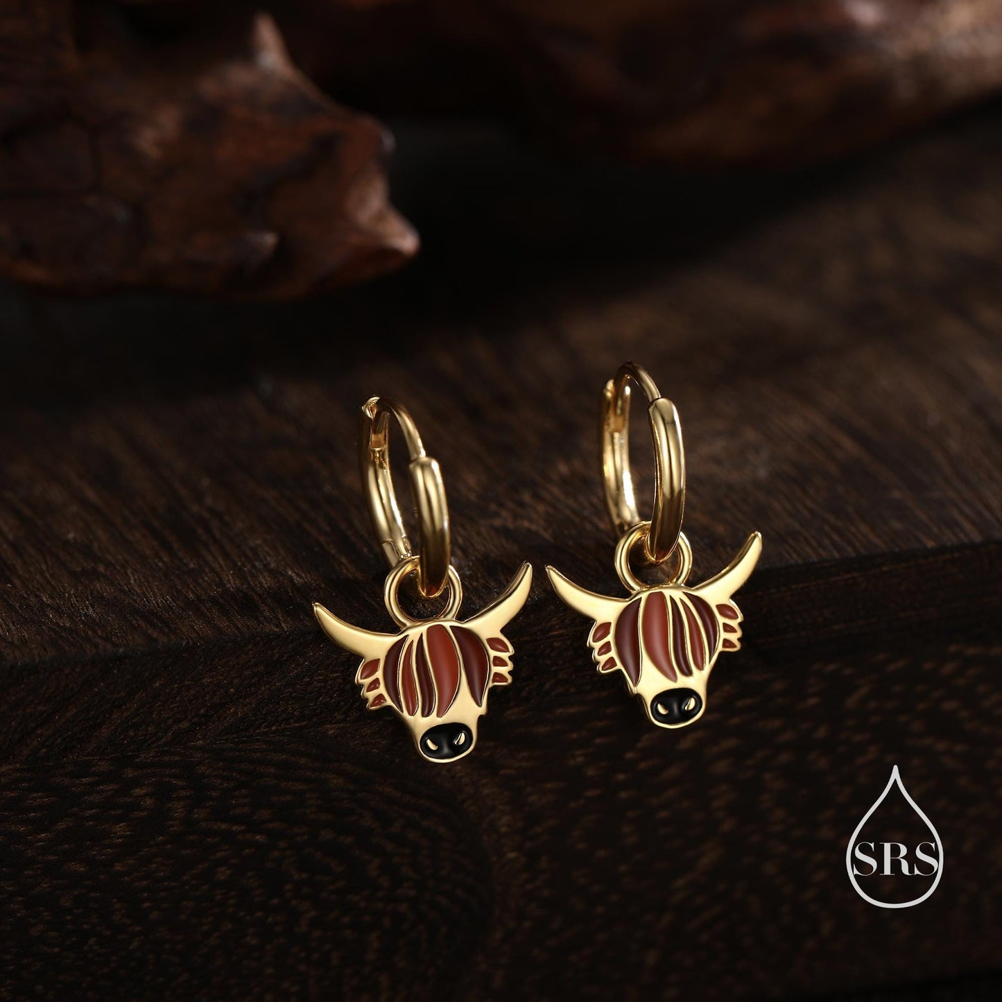 Sterling Silver Enamel Highland Cow Huggie Hoops, Finish Available in Silver or Gold Finish, Highland Cow Earrings, Detachable Hoops