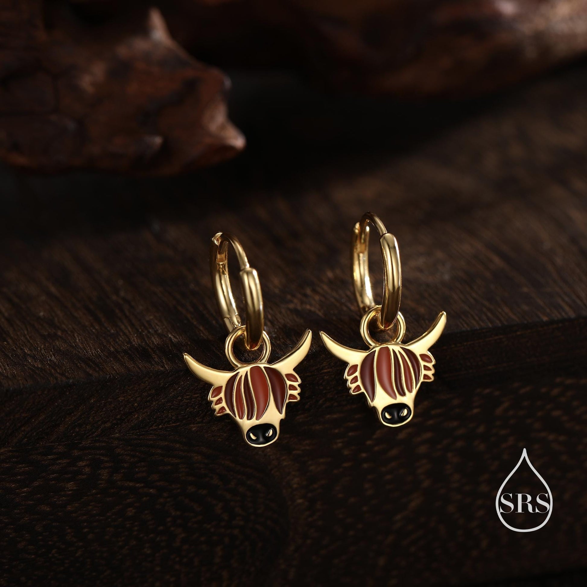 Sterling Silver Enamel Highland Cow Huggie Hoops, Finish Available in Silver or Gold Finish, Highland Cow Earrings, Detachable Hoops