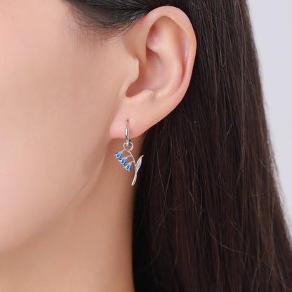 Sterling Silver Bluebell Flower Huggie Hoop Earrings with Enamel, Tiny Dainty Dangle Bluebell Flower Hoop Earrings, Detachable Charm Hoops
