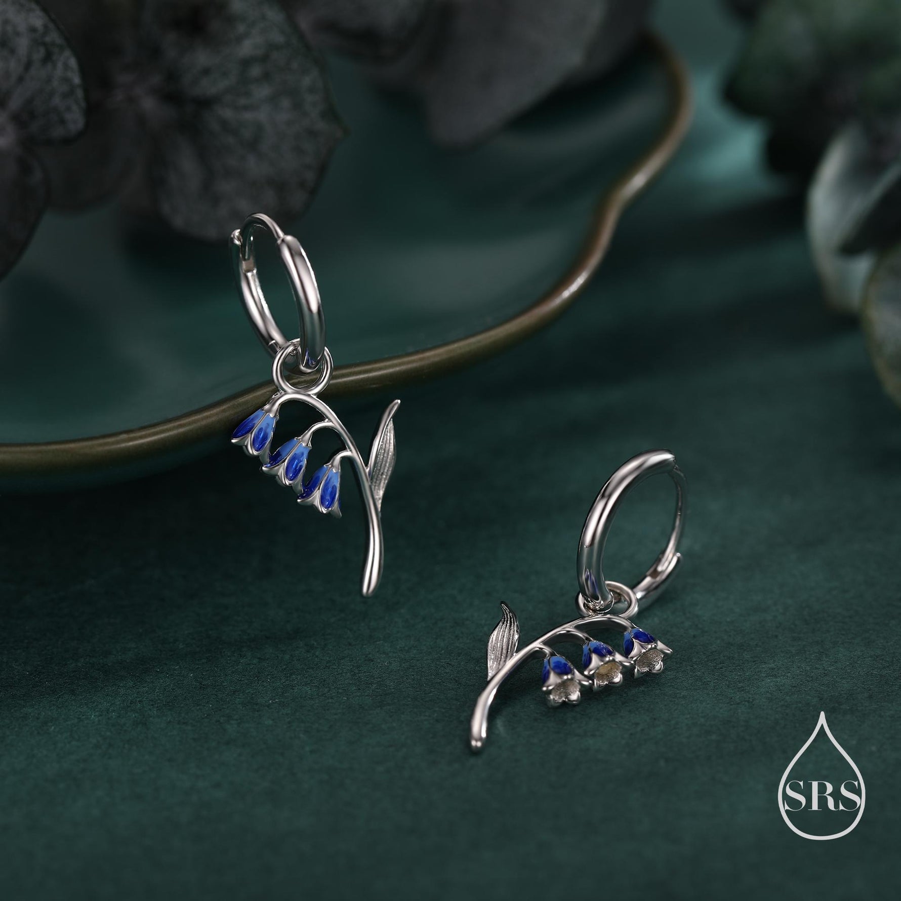 Sterling Silver Bluebell Flower Huggie Hoop Earrings with Enamel, Tiny Dainty Dangle Bluebell Flower Hoop Earrings, Detachable Charm Hoops