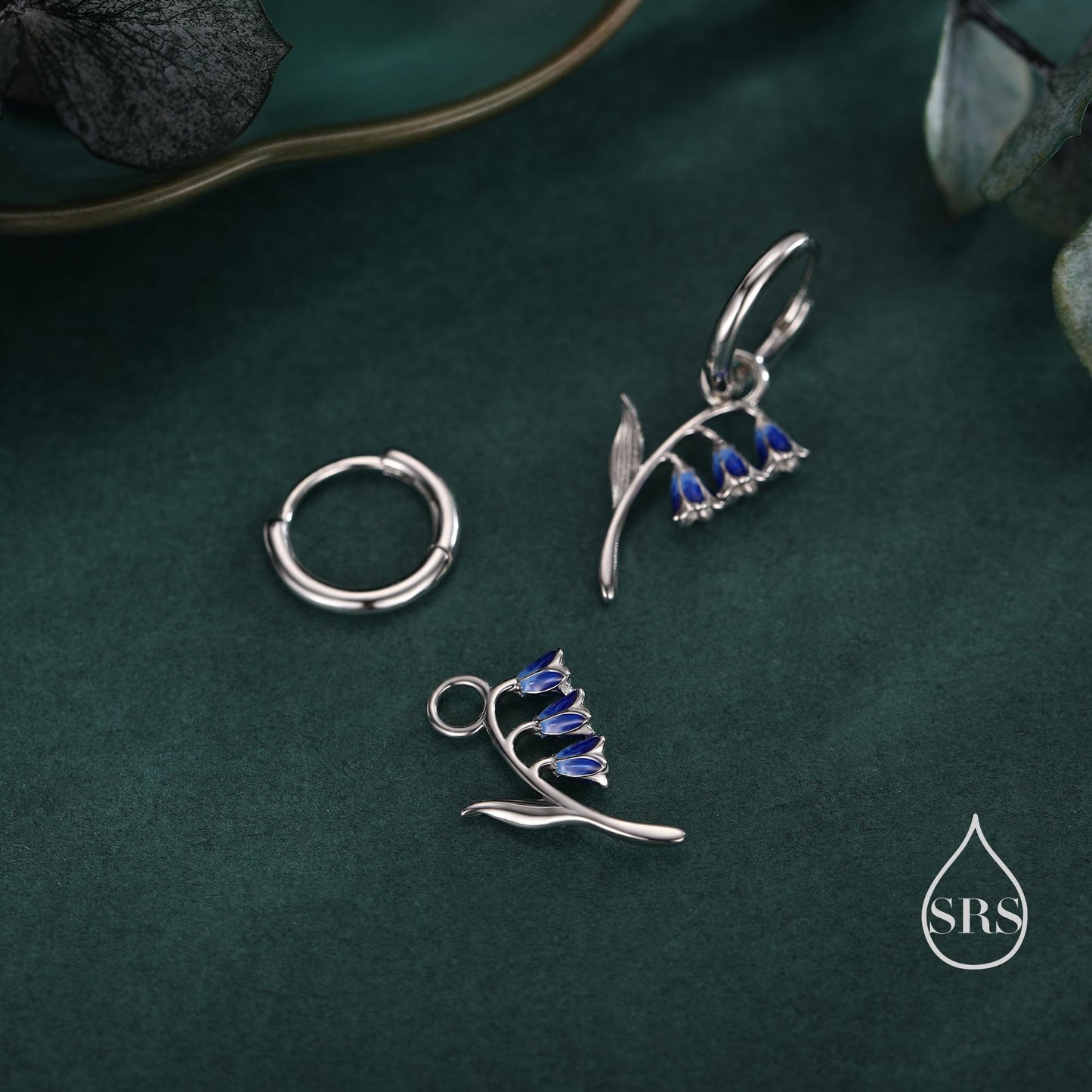 Sterling Silver Bluebell Flower Huggie Hoop Earrings with Enamel, Tiny Dainty Dangle Bluebell Flower Hoop Earrings, Detachable Charm Hoops