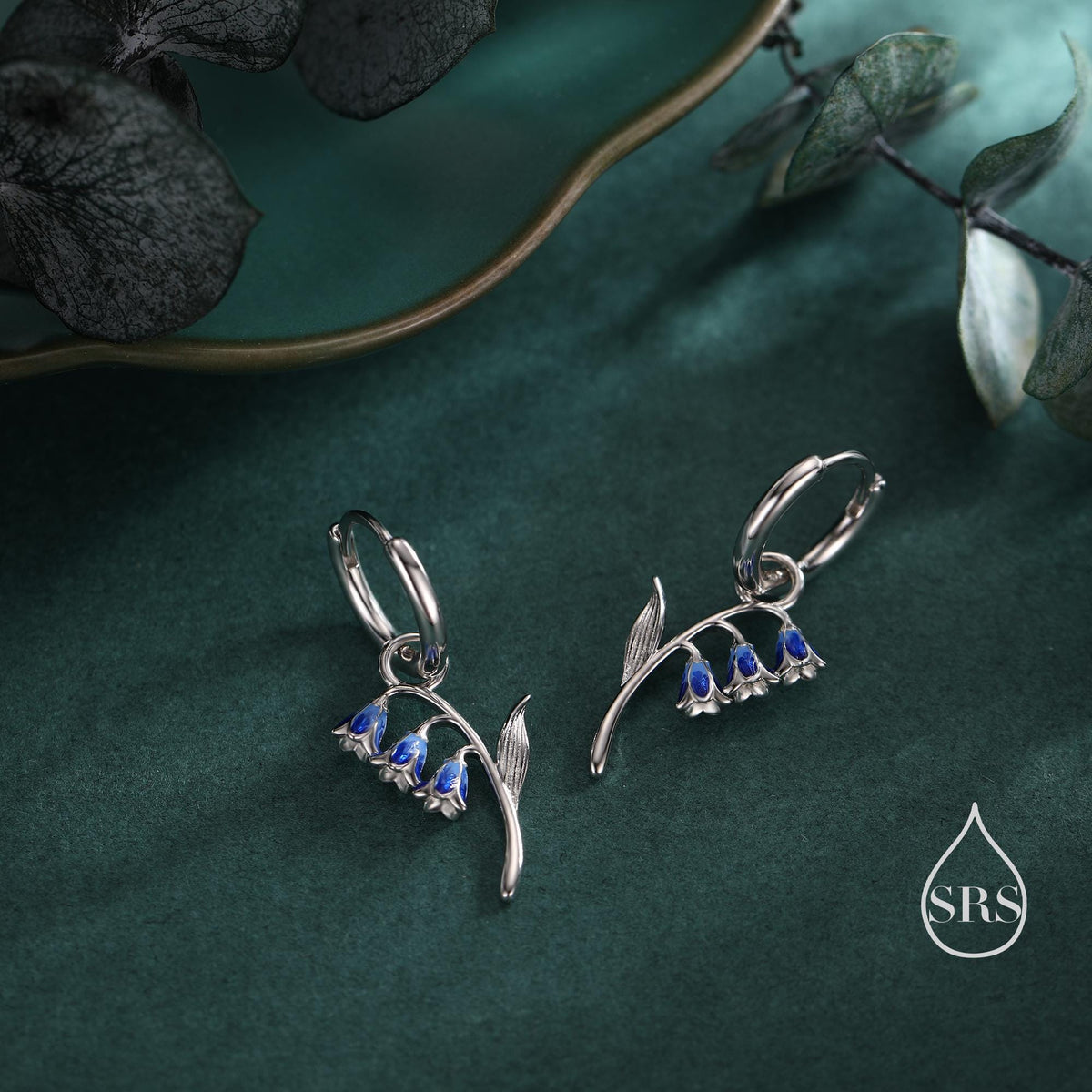 Sterling Silver Bluebell Flower Huggie Hoop Earrings with Enamel, Tiny Dainty Dangle Bluebell Flower Hoop Earrings, Detachable Charm Hoops
