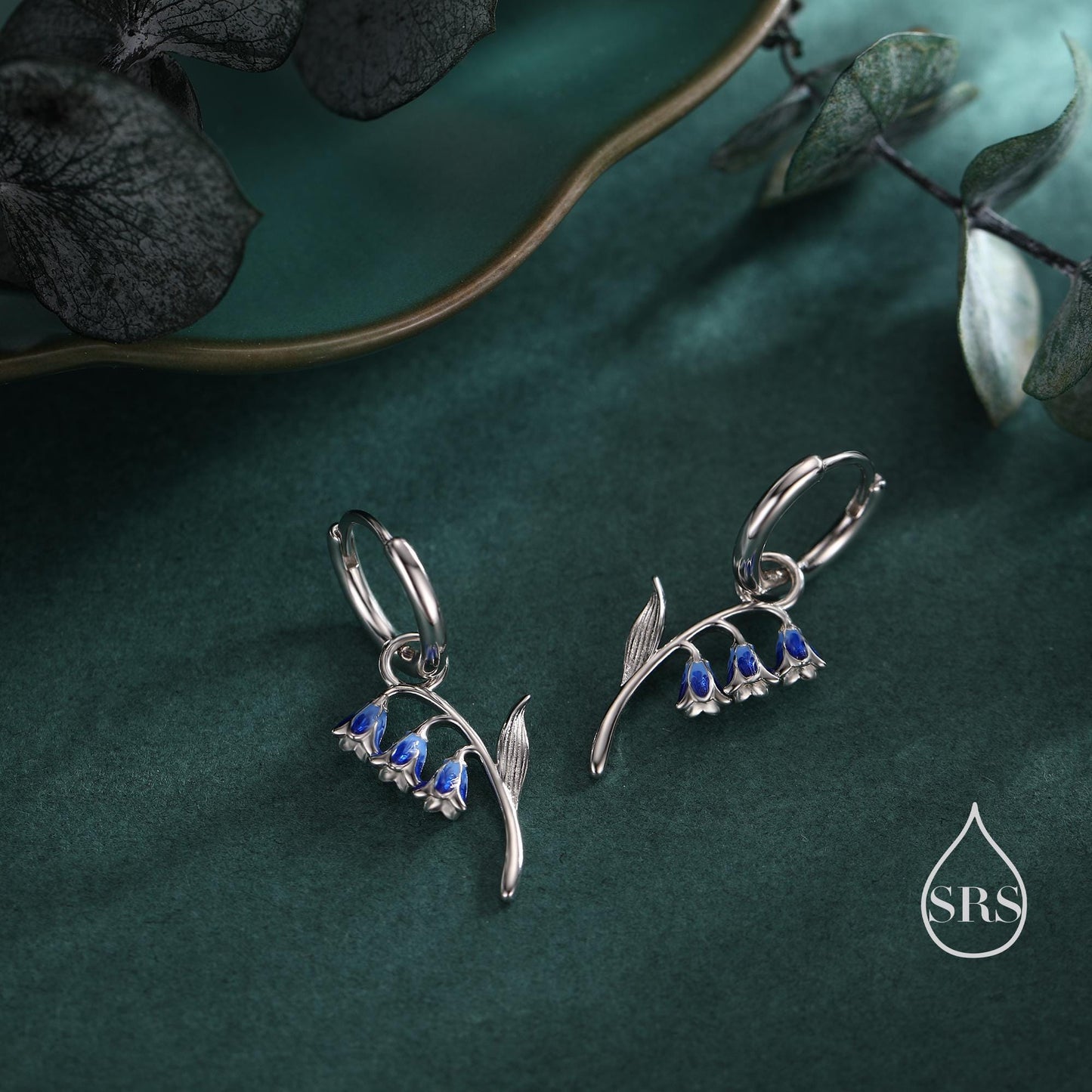 Sterling Silver Bluebell Flower Huggie Hoop Earrings with Enamel, Tiny Dainty Dangle Bluebell Flower Hoop Earrings, Detachable Charm Hoops