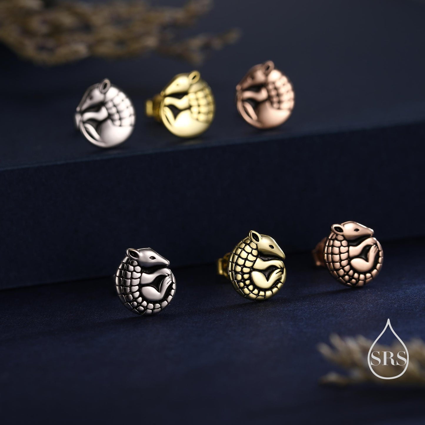 Rolled Up Armadillo Stud Earrings in Sterling Silver, Silver or Gold or Rose Gold, Nature Inspired Animal Earrings