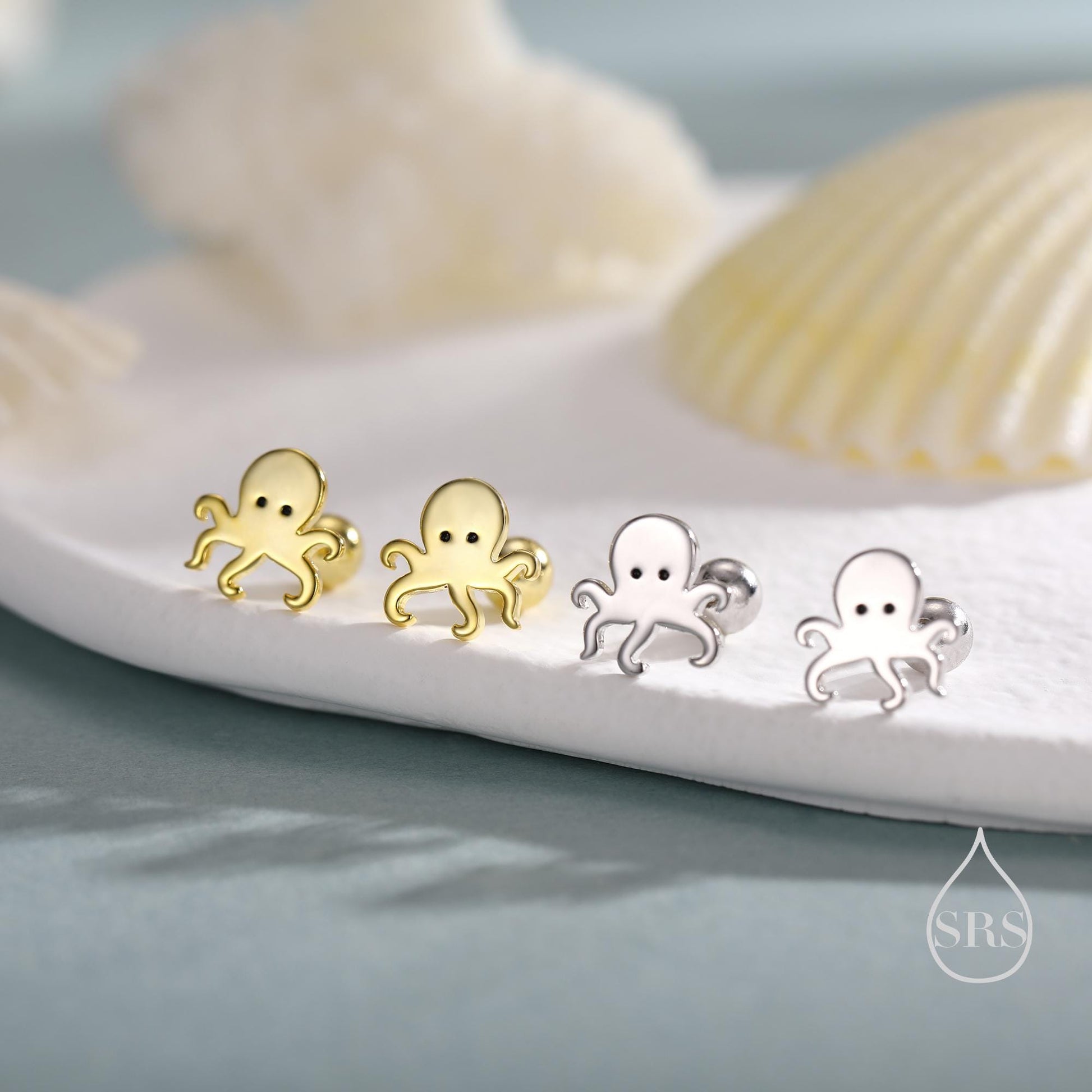 Octopus Screw Back/Flat Back/Stud Earrings Earrings in Sterling Silver, Silver, Gold or Rose Gold, Fish Earrings, Ocean Earrings