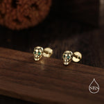 Extra Tiny Skull Internally Threaded Flat Back/Stud/Screw Back Earrings in Sterling Silver with Emerald Green CZ - Gold or Silver, Petite