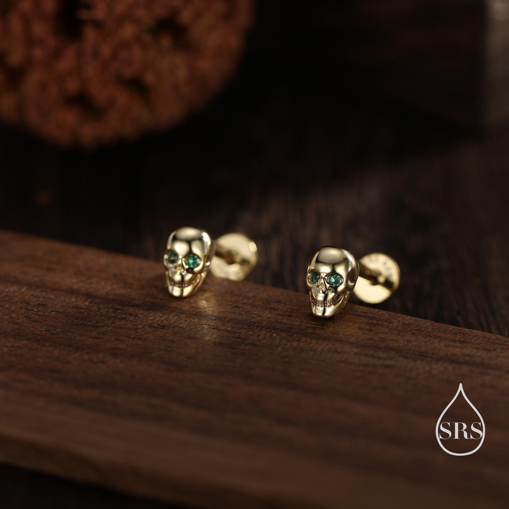 Extra Tiny Skull Internally Threaded Flat Back/Stud/Screw Back Earrings in Sterling Silver with Emerald Green CZ - Gold or Silver, Petite
