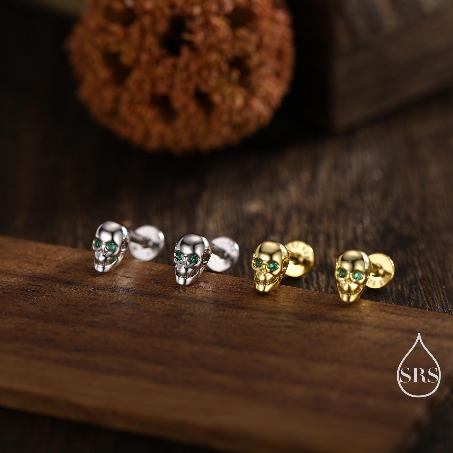 Extra Tiny Skull Internally Threaded Flat Back/Stud/Screw Back Earrings in Sterling Silver with Emerald Green CZ - Gold or Silver, Petite