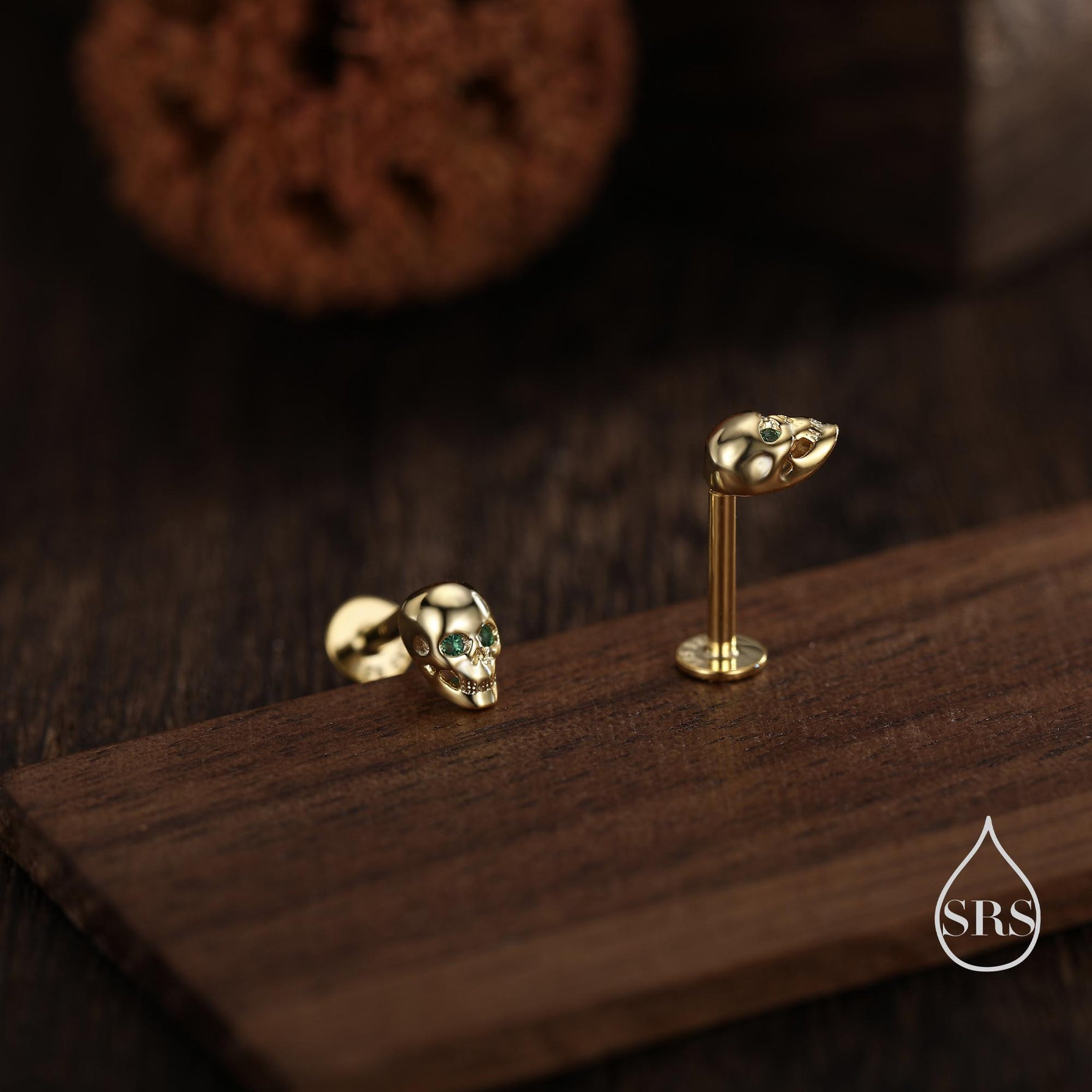 Extra Tiny Skull Internally Threaded Flat Back/Stud/Screw Back Earrings in Sterling Silver with Emerald Green CZ - Gold or Silver, Petite