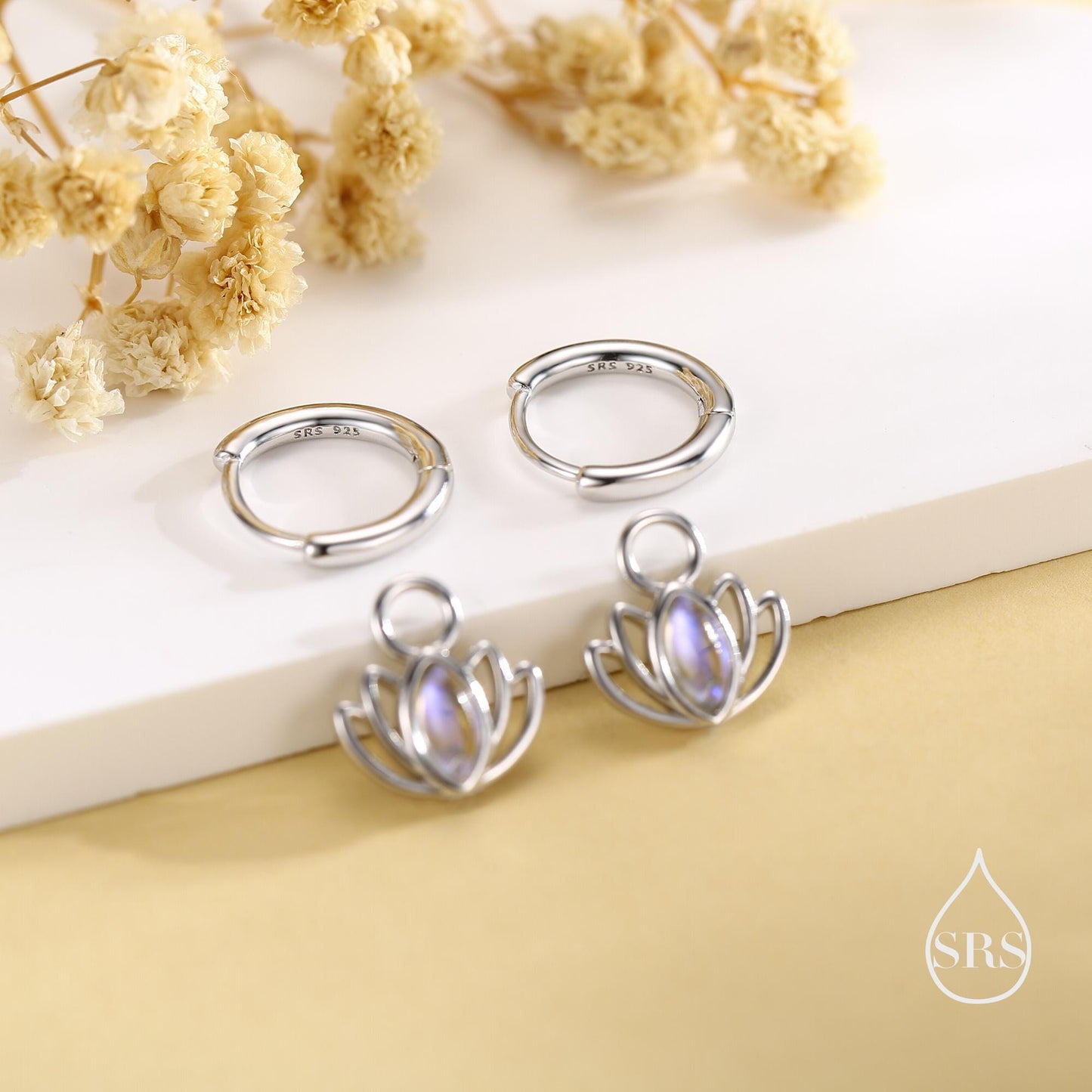 Sterling Silver Lotus Flower Huggie Hoop Earrings with Lab Moonstone, Silver or Gold or Rose Gold, Lotus Earrings, Detachable Charm Hoops