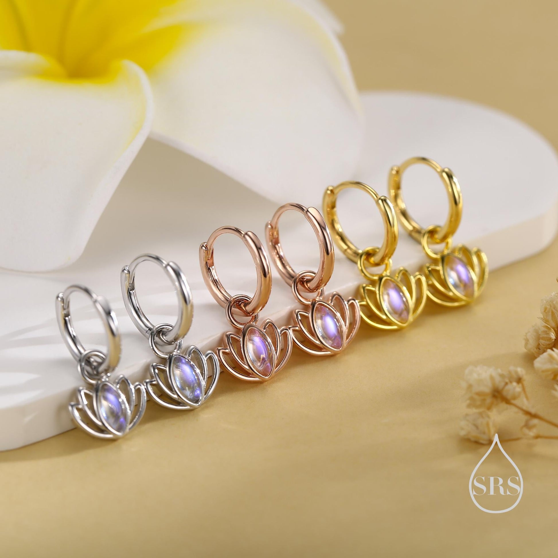 Sterling Silver Lotus Flower Huggie Hoop Earrings with Lab Moonstone, Silver or Gold or Rose Gold, Lotus Earrings, Detachable Charm Hoops