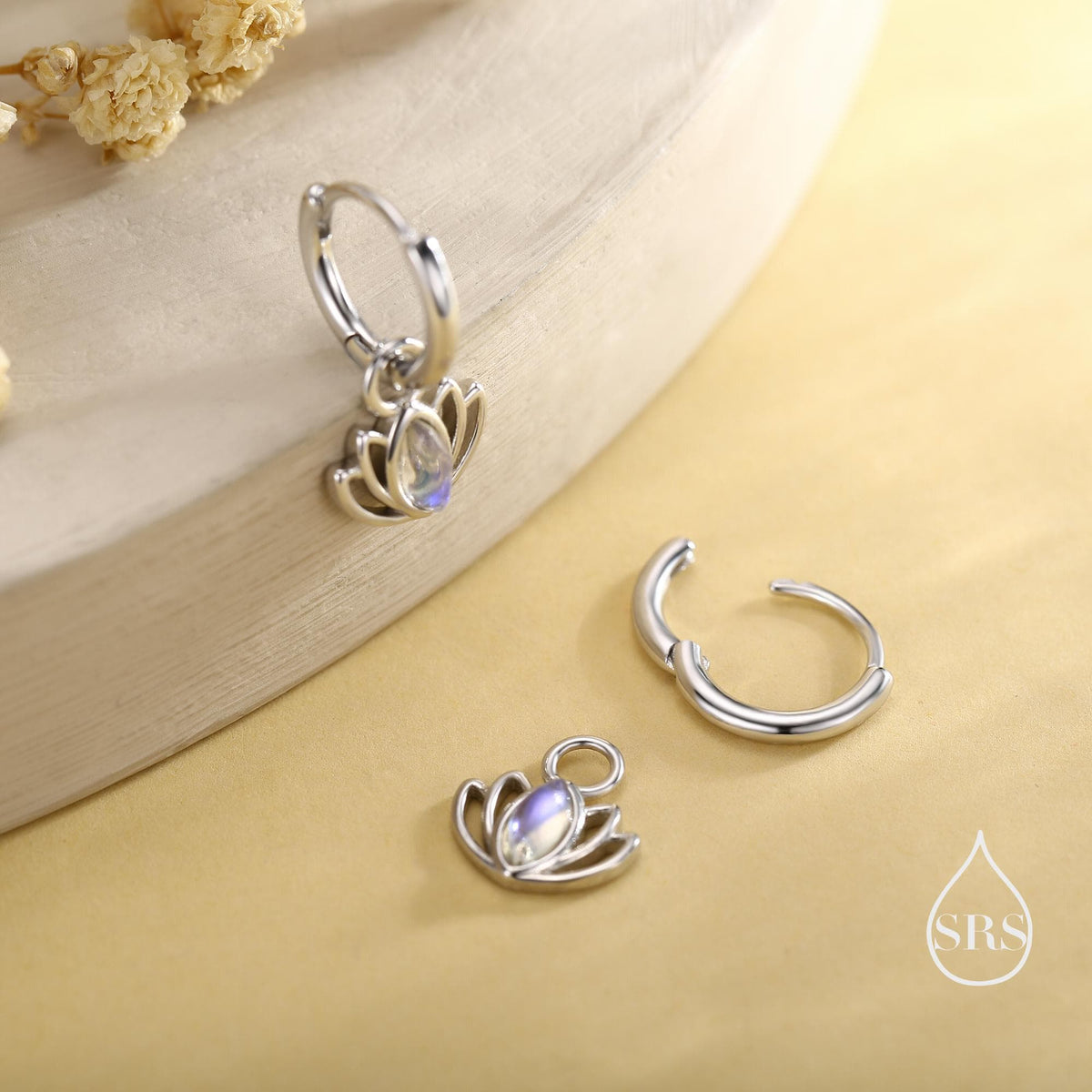 Sterling Silver Lotus Flower Huggie Hoop Earrings with Lab Moonstone, Silver or Gold or Rose Gold, Lotus Earrings, Detachable Charm Hoops