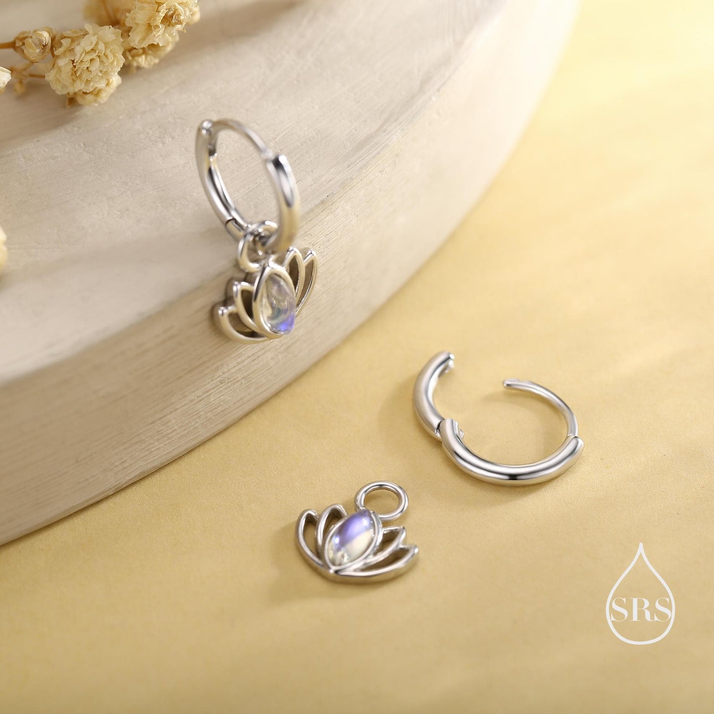 Sterling Silver Lotus Flower Huggie Hoop Earrings with Lab Moonstone, Silver or Gold or Rose Gold, Lotus Earrings, Detachable Charm Hoops