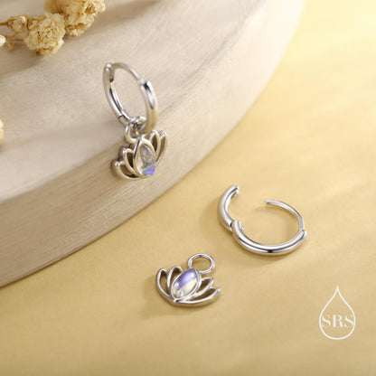 Sterling Silver Lotus Flower Huggie Hoop Earrings with Lab Moonstone, Silver or Gold or Rose Gold, Lotus Earrings, Detachable Charm Hoops