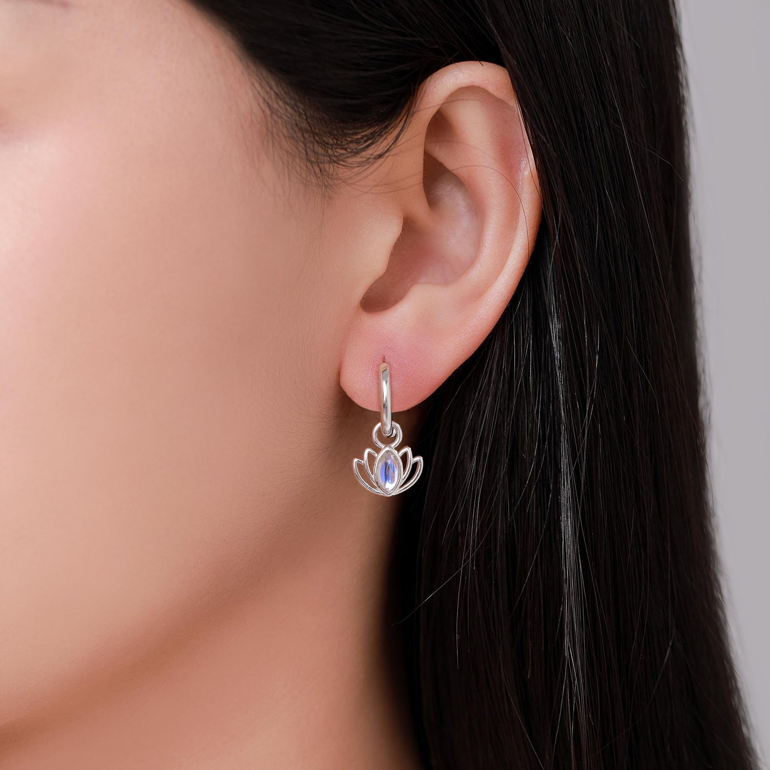Sterling Silver Lotus Flower Huggie Hoop Earrings with Lab Moonstone, Silver or Gold or Rose Gold, Lotus Earrings, Detachable Charm Hoops