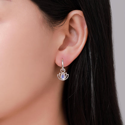 Sterling Silver Lotus Flower Huggie Hoop Earrings with Lab Moonstone, Silver or Gold or Rose Gold, Lotus Earrings, Detachable Charm Hoops