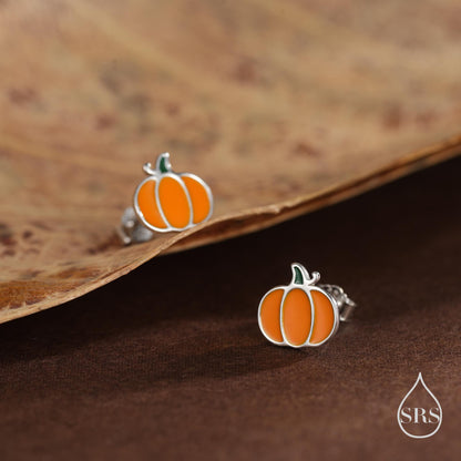 Enamel Pumpkin Stud Earrings in Sterling Silver, Silver, Gold or Rose Gold, Tiny Pumpkin Earrings, Halloween Earrings