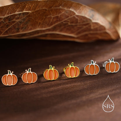 Enamel Pumpkin Stud Earrings in Sterling Silver, Silver, Gold or Rose Gold, Tiny Pumpkin Earrings, Halloween Earrings