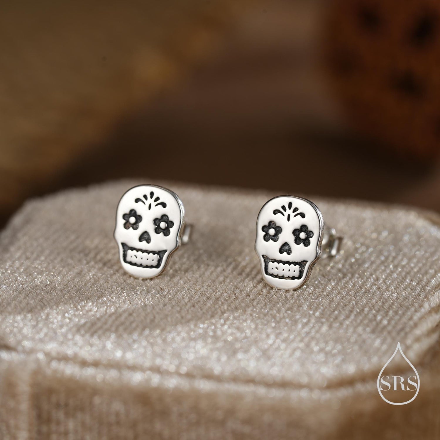 Sugar Skull Stud Earrings in Sterling Silver, Oxidised Silver, Gold or Rose Gold, Sugar Skull Earrings, Day of the Dead Earrings, Halloween