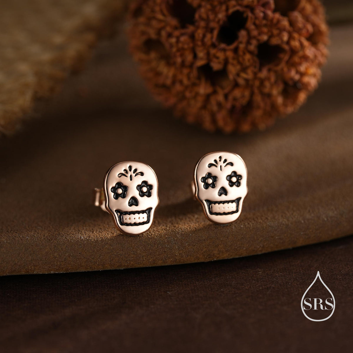 Sugar Skull Stud Earrings in Sterling Silver, Oxidised Silver, Gold or Rose Gold, Sugar Skull Earrings, Day of the Dead Earrings, Halloween