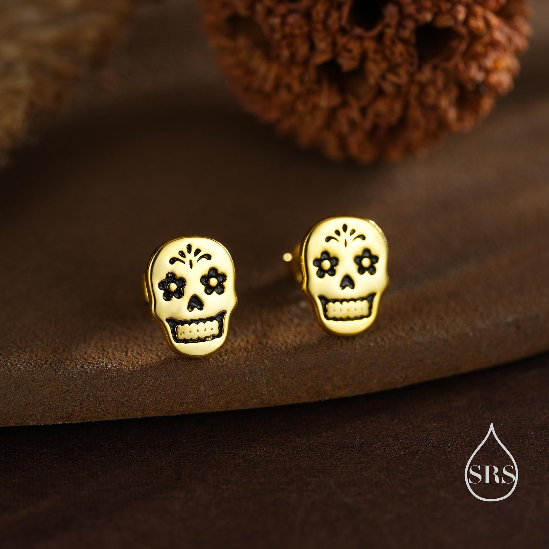 Sugar Skull Stud Earrings in Sterling Silver, Oxidised Silver, Gold or Rose Gold, Sugar Skull Earrings, Day of the Dead Earrings, Halloween