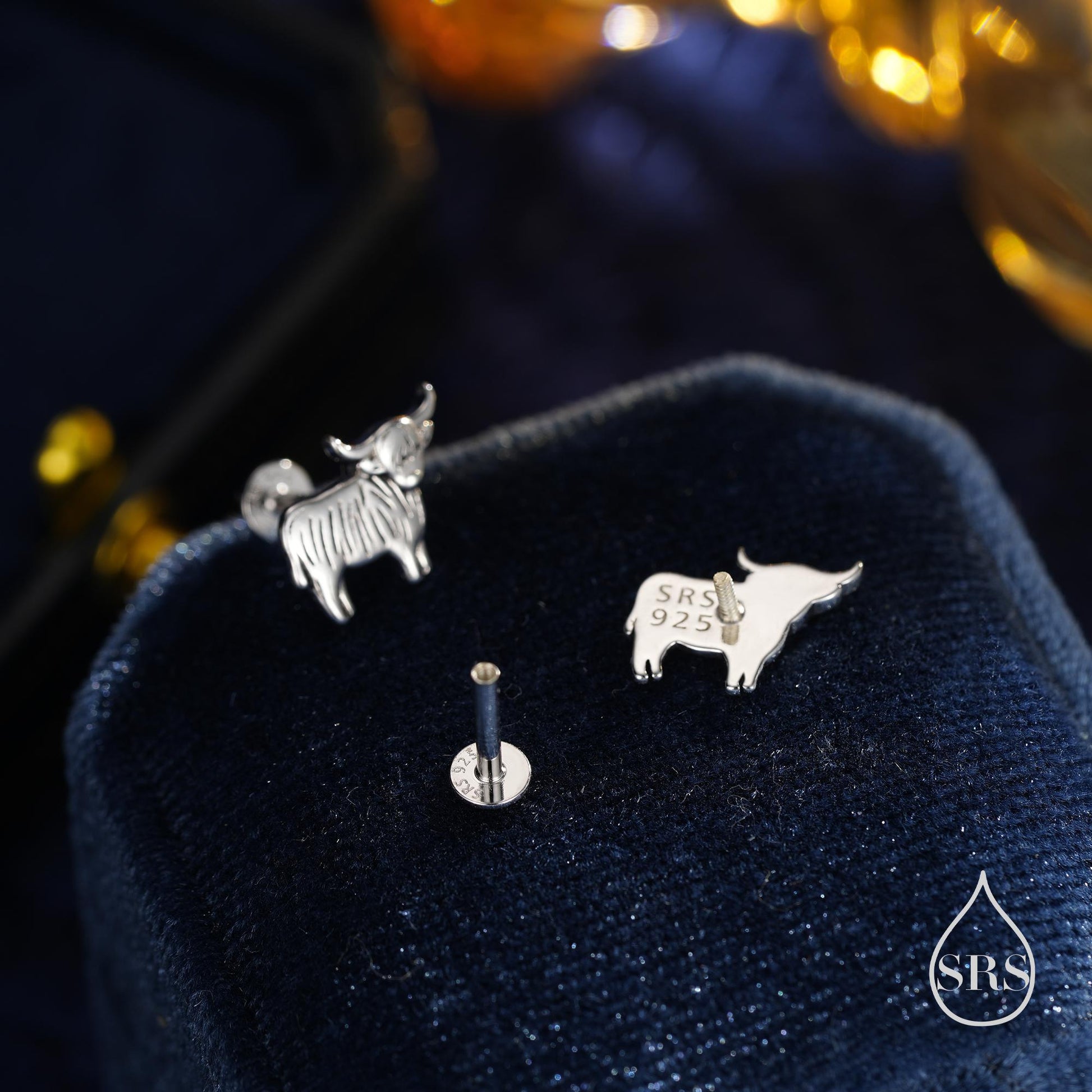 Small Pair of Highland Cow Internally Threaded Flat Back/ Stud Earrings in Sterling Silver, Silver / Gold/Rose Gold, Scottish Design