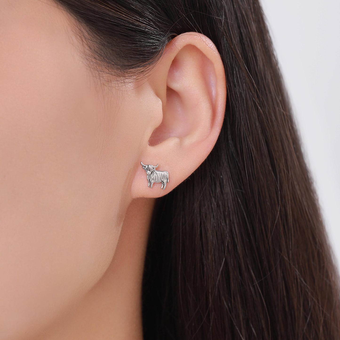 Small Pair of Highland Cow Internally Threaded Flat Back/ Stud Earrings in Sterling Silver, Silver / Gold/Rose Gold, Scottish Design