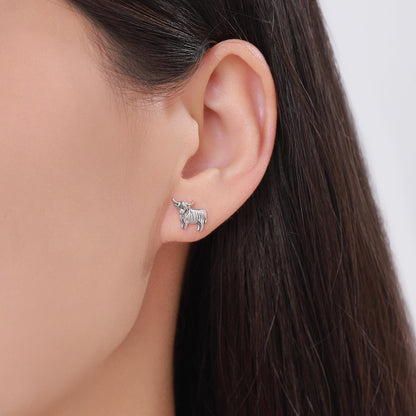 Small Pair of Highland Cow Internally Threaded Flat Back/ Stud Earrings in Sterling Silver, Silver / Gold/Rose Gold, Scottish Design
