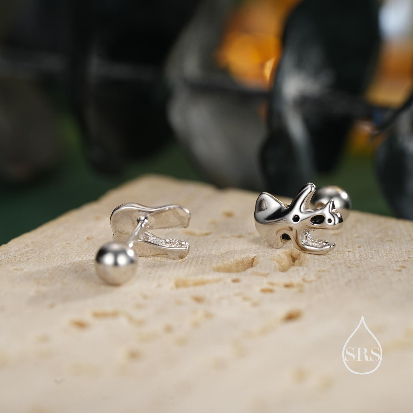 Mismatched Dinosaur Fossil Screw Back/Stud Earrings in Sterling Silver, Oxidised Finish, Quirky Dino, Asymmetric Dinosaur Earrings