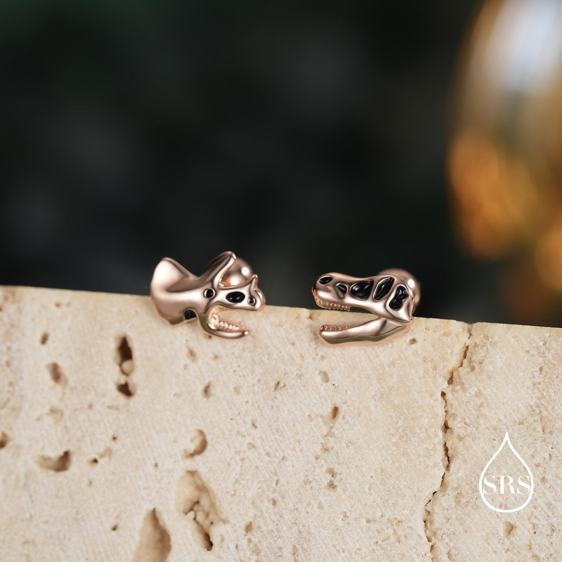 Internally Threaded Mismatched Dinosaur Fossil Flat Back/ Screw Back / Stud Earrings in Sterling Silver, Asymmetric Dinosaur Earrings