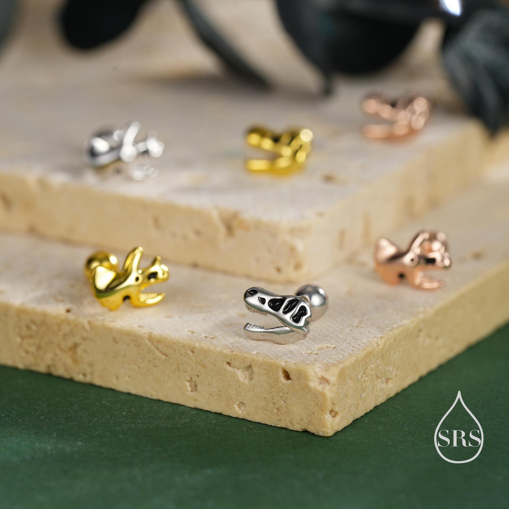 Mismatched Dinosaur Fossil 18G Screw Back Earrings in Sterling Silver, Animal Earrings