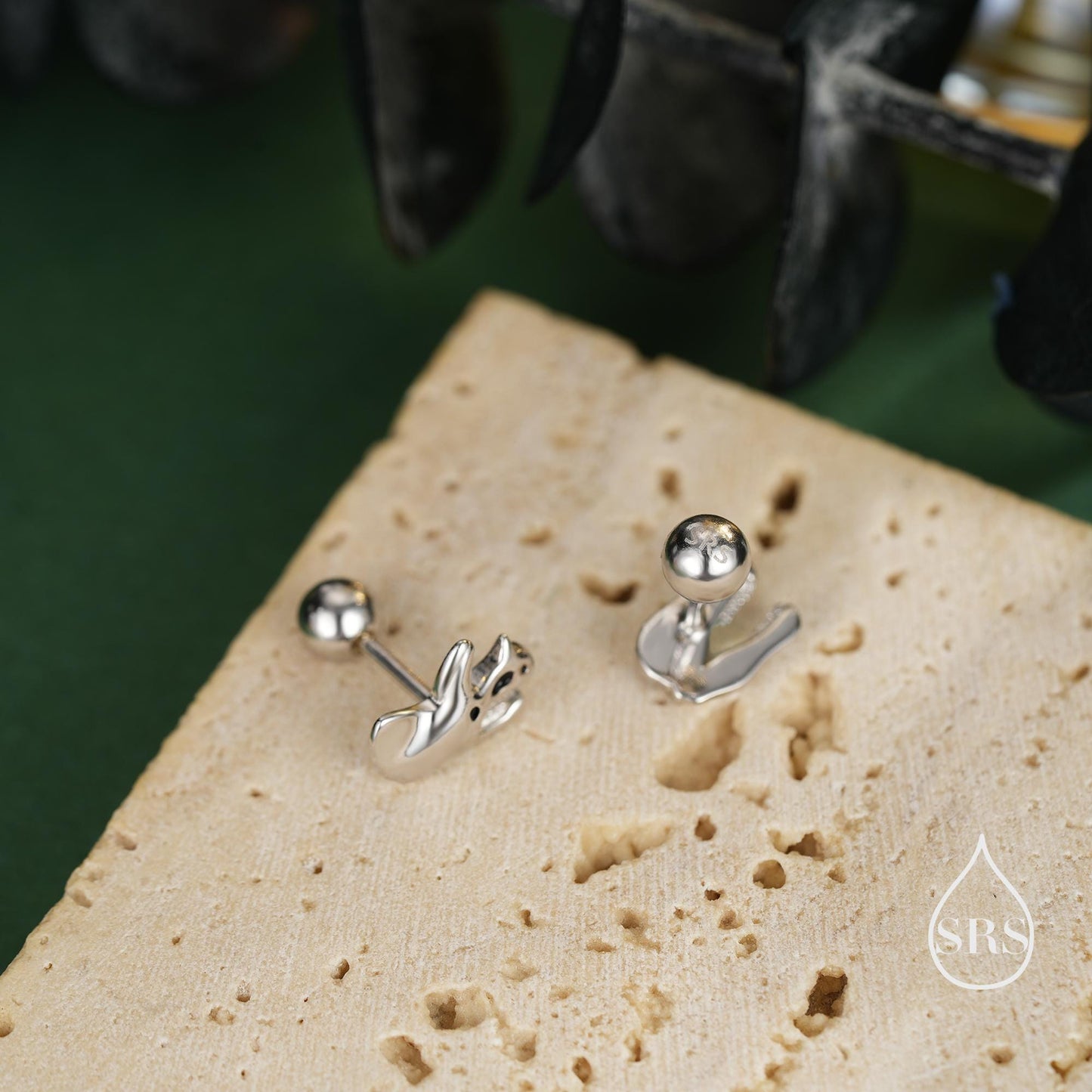 Internally Threaded Mismatched Dinosaur Fossil Flat Back/ Screw Back / Stud Earrings in Sterling Silver, Asymmetric Dinosaur Earrings