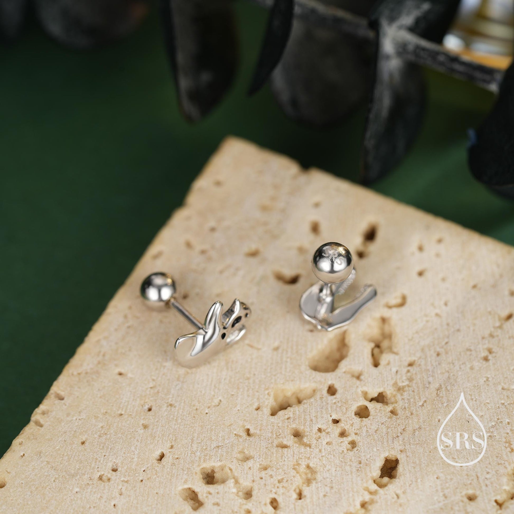 Internally Threaded Mismatched Dinosaur Fossil Flat Back/ Screw Back / Stud Earrings in Sterling Silver, Asymmetric Dinosaur Earrings