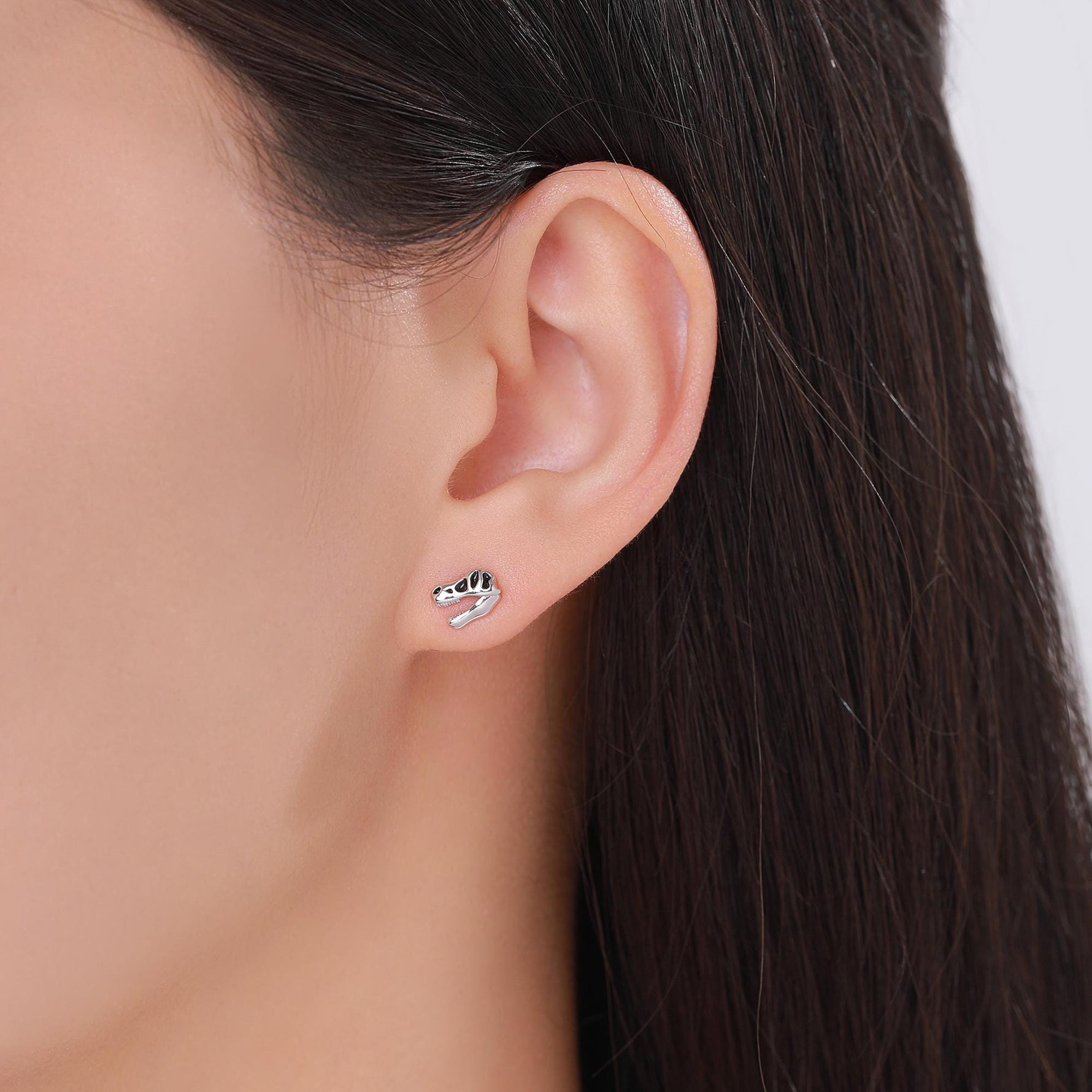Mismatched Dinosaur Fossil 16G Internally Threaded Flat Back Earrings in Sterling Silver, Animal Earrings