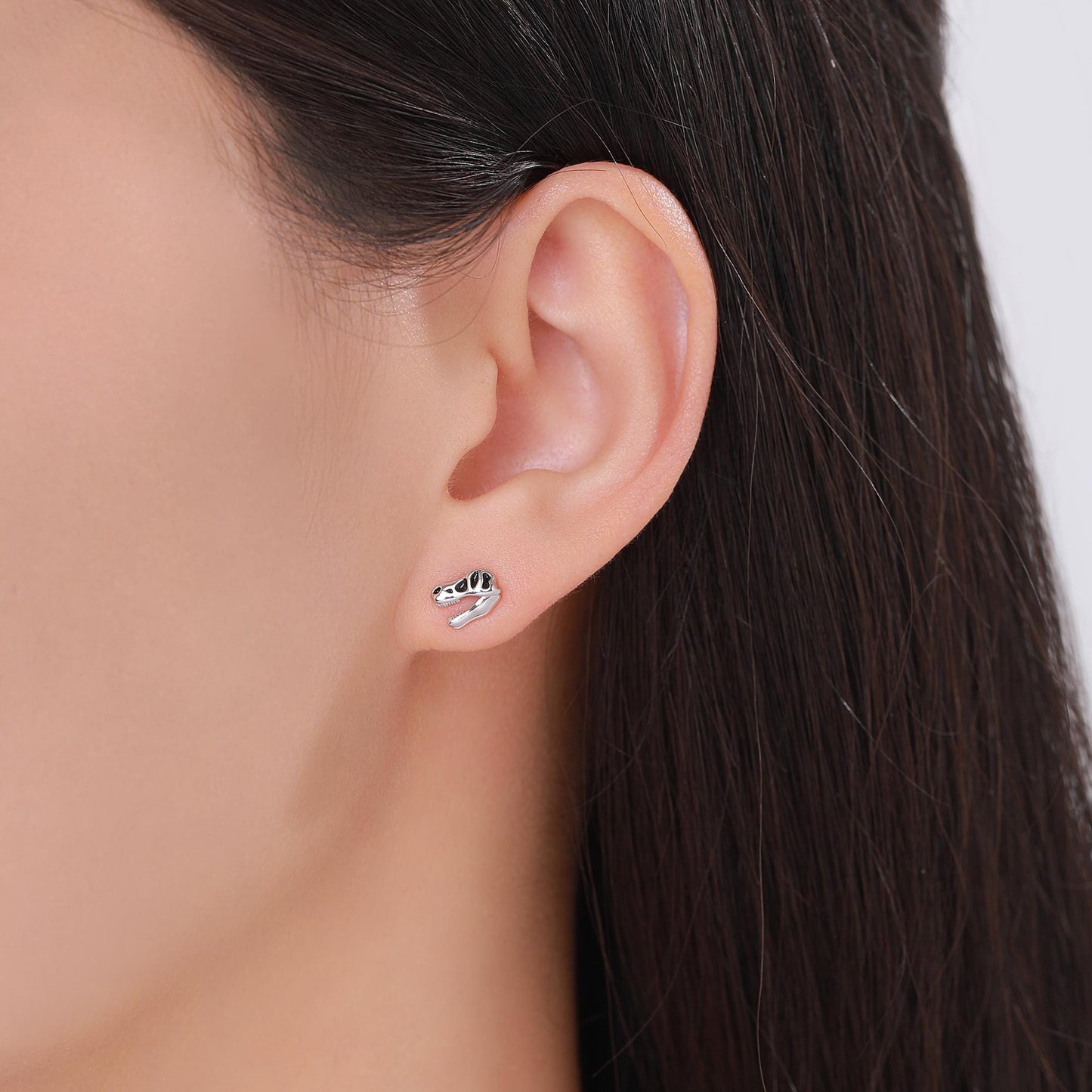 Internally Threaded Mismatched Dinosaur Fossil Flat Back/ Screw Back / Stud Earrings in Sterling Silver, Asymmetric Dinosaur Earrings