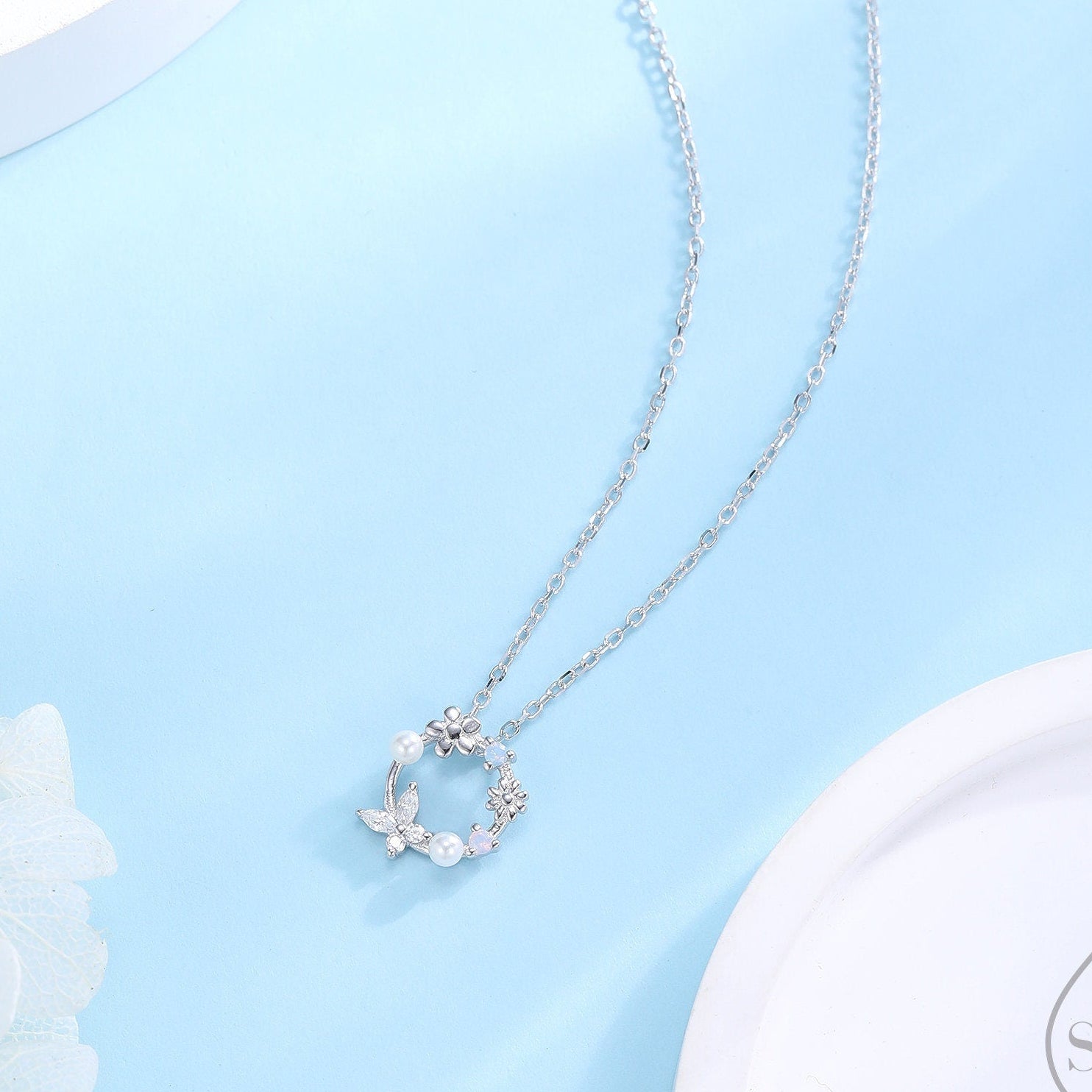 Forget-Me-Not Butterfly Wreath Pendant Necklace – Silver Rain Silver